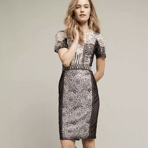 Byron Lars | Beguile Lace Melange Pencil Dress Black Cream Sequins Midi Sz 10